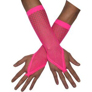 Women's Pink Finger Loop Stretchy Fishnet Satin Long Glove Wedding Party Cosplay